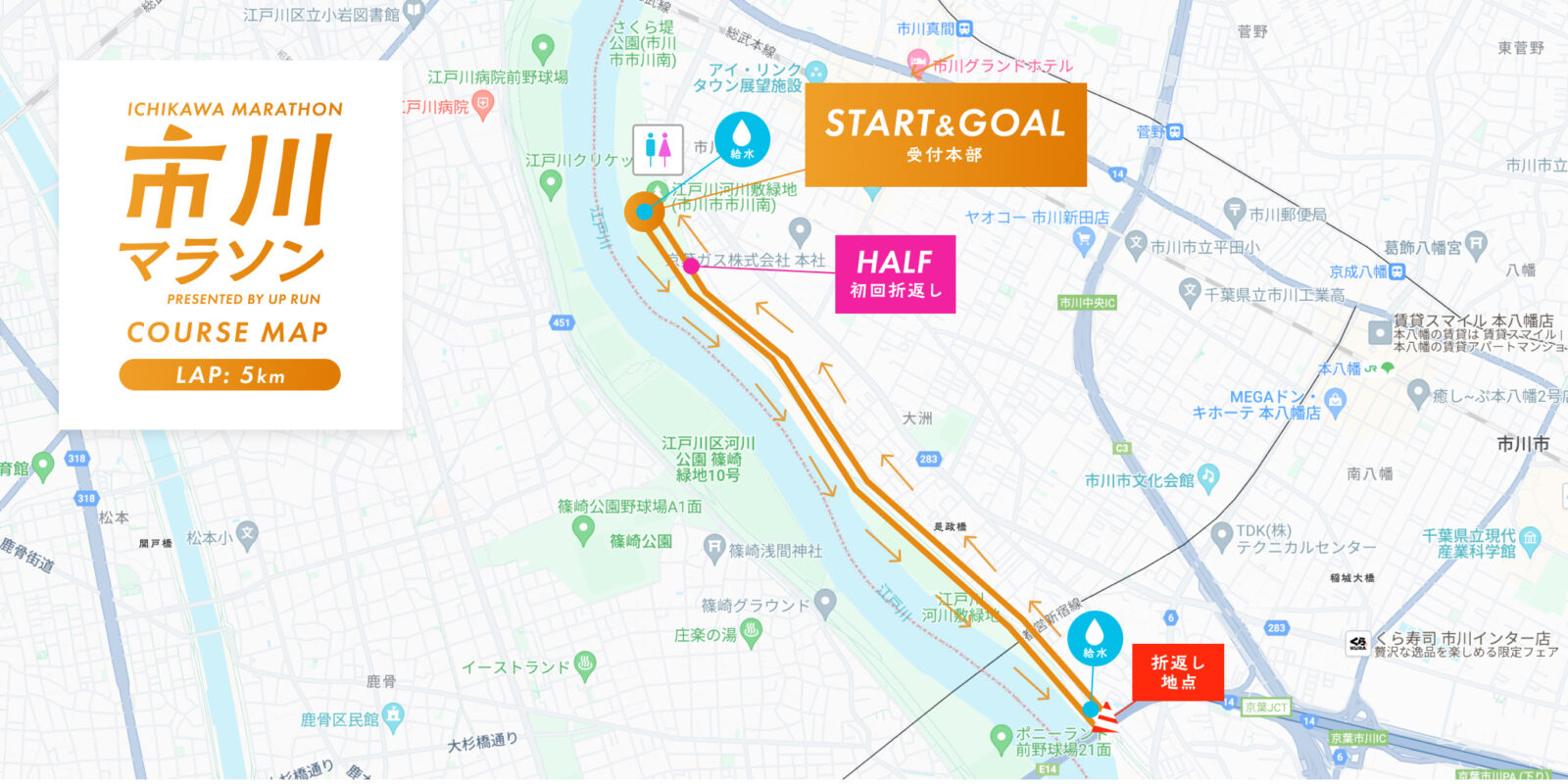 第1回スポーツメイトラン市川江戸川ハーフマラソン コースマップ